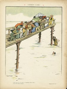 Illustration von Marcel Capy (1865-1941) in Le Rire, 24/08/12 - Wie macht man das? - Freizeit, Architektur Stadtplanung, Marine Marine Seaside, Schwimmen Schwimmen Schwimmen, Menge