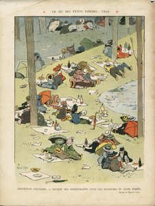 Illustration von Marcel Capy (1865-1941) in Le Rire, 28/05/10 - Das Spiel der kleinen Papiere... fettig - Hobbys, Picknick, Gastronomie von Marcel Amable O.L. Capy