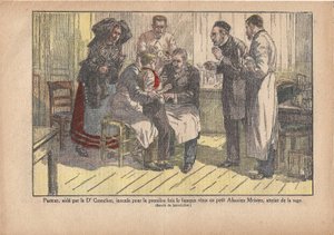 Pasteur, unterstützt von Dr. Grancher, impfte das berühmte Virus zum ersten Mal bei dem kleinen Elsässer, der an Tollwut erkrankt war, Le Pèlerin, 5/11/1922 (Druck)