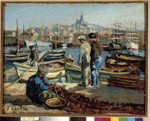 Fischer am Kai des Hafens von Marseille. Gemälde von Marcel Leprin (1891-1933). Sammlung Fondation Regards de Provence, Marseille