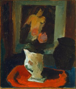 Akt, weiße Vase und roter Teppich