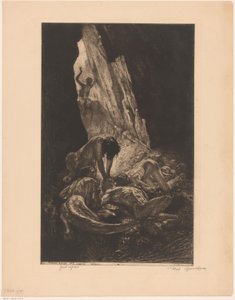 Innenraum einer dunklen Höhle mit Wesen, die einen nackten Mann verzehren von Marcel Roux (signed by artist)