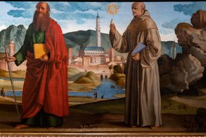 St. Franziskus empfängt die Stigmata unter St. Klara und Peter, der selige Bartolomeo von Breganze, und St. Paulus und Bernardino (Detail)