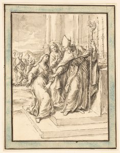 Ein Bischof und zwei Nonnen an einem Altar, mit einem Bischof, der im Hintergrund eine besessene Frau heilt von Marco Benefial