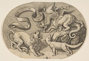 Ein Löwe, Drache und Fuchs kämpfen miteinander, eine beschriftete Banderole darüber, ein ovales von Marco Dente
