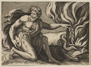 Ein Mann kniet und legt einen Lorbeerzweig auf einen Haufen brennender Bücher, ca. 1515-27 von Marco Dente