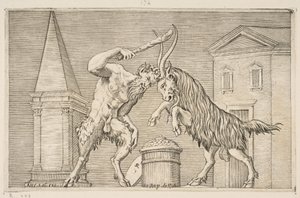 Ein Satyr und ein Widder, die sich gegenseitig angreifen, der Satyr schwingt einen Knüppel mit seiner rechten Hand, ca. 1515-27 von Marco Dente