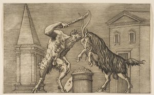 Ein Satyr und ein Widder greifen sich gegenseitig an, der Satyr schwingt einen Knüppel mit seiner rechten Hand, ca. 1515-27 von Marco Dente