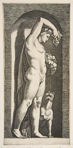 Bacchus steht in einer Nische und hält Trauben in seiner erhobenen rechten Hand, Früchte in seiner linken, ca. 1515-27 von Marco Dente