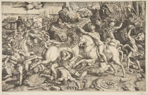 Kampfszene in einer Landschaft mit Soldaten zu Pferd und mehreren gefallenen Männern, ein weiterer..., ca. 1520