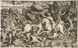 Kampfszene in einer Landschaft mit Soldaten zu Pferd und mehreren gefallenen Männern, ca. 1520