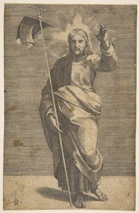 Christus steht nach vorne gerichtet, hält ein Kreuz mit einem Banner und erhebt seine linke Hand