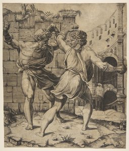Entellus und Dares kämpfen vor klassischen Ruinen, 1520-25