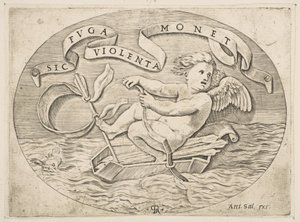 Eros flieht über das Meer, Amor benutzt seinen Bogen, um ein Boot aus seinem Köcher anzutreiben, ca. 1515-27 von Marco Dente