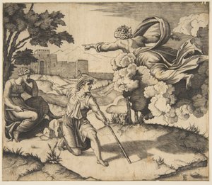 Gott erscheint Isaak, Gott schwebt in den Wolken und zeigt auf Rebekka, die unter..., ca. 1515-27 von Marco Dente