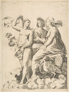 Juno, Ceres und Psyche in den Wolken im Gespräch, Juno sitzt mit einem Pfau bei ihr..., ca. 1515-27 von Marco Dente