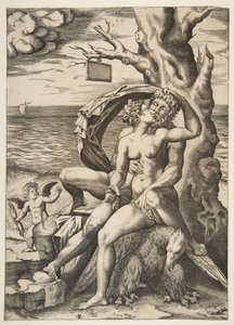 Jupiter und Semele umarmend, ein Adler unter ihnen, ein Baum rechts von Marco Dente