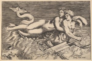 Speculum Romanae Magnificentiae: Ein Triton entführt eine Nymphe, 16. Jahrhundert von Marco Dente