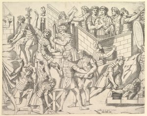 Speculum Romanae Magnificentiae: Römische Soldaten befestigen ihr Lager, aus Trajan..., 16. Jahrhundert von Marco Dente