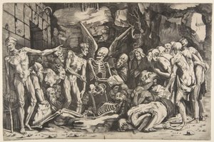 Die Skelette, eine Gruppe abgemagerter Männer und Frauen versammelt um ein Skelett..., 1515-27 von Marco Dente
