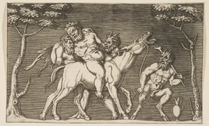 Zwei Satyrn setzen Silenus auf ein schreiendes Maultier und ein dritter Satyr rechts, ca. 1515-27