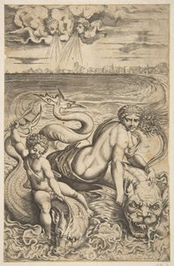 Venus und Amor reiten auf zwei Seemonstern, Amor hebt einen Pfeil in seiner rechten Hand, ca. 1515-27 von Marco Dente