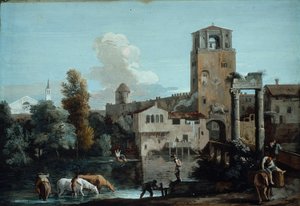 Ein Capriccio mit Pferden, die in einem Fluss vor einer ummauerten Stadt trinken