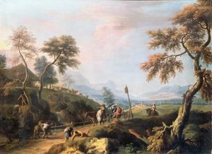 Waldlandschaft mit Herren in einer Kutsche auf einer Straße