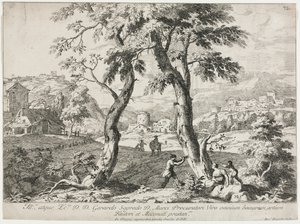 Ansicht eines Dorfes mit Figuren im Vordergrund, 1723