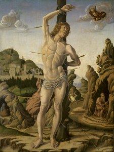 Der heilige Sebastian in einer felsigen Landschaft mit den Heiligen Hieronymus, Antonius Abt und Christophorus von Marco Zoppo
