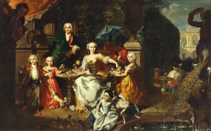 Eine Familiengruppe auf einer Terrasse im Garten einer Villa. Möglicherweise der englische Geschäftsmann George Jackson und seine Familie