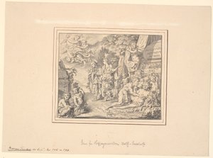 Allegorisches Blatt mit dem betrunkenen Silen und anderen mythologischen und allegorischen Figuren bei einem Sarkophag mit der Inschrift: "Sepulcrum pudicitiae mortae" von Marcus Tuscher