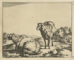 Stehendes und liegendes Schaf mit Bauernhof im Hintergrund von Marcus de Bye