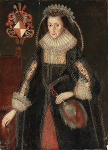 Porträt von Lady Eleanor Dutton, Dreiviertellänge, in eleganter Kleidung, neben einem Stuhl stehend, beschriftet mit dem Wappen der Familie Dutton aus Cheshire und Gloucestershire von Marcus the Younger Gheeraerts