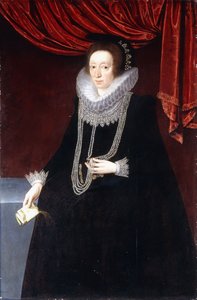 Porträt von Margaret Belasyse, in einem schwarzen Kleid, mit einer Perlenkette und einem Buch in ihrer rechten Hand
