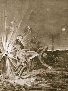 Eine Granate explodiert in der Nähe von Private Jackson und reißt ihm den Arm ab, als er einem verwundeten Mann hilft von Margaret Dovaston