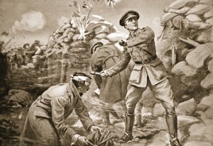 Captain Vickers hält den Feind in Schach, während hinter ihm eine Barriere errichtet wird von Margaret Dovaston