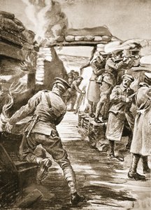 Private Callf zieht eine Munitionskiste aus einem durch eine Granate entzündeten Bombenlager von Margaret Dovaston