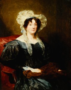 Porträt einer Dame, sitzend, halblang, in einem dunkelblauen Kleid und einer weißen Spitzenhaube mit blauer Schleife, hält Näharbeit von Margaret Sarah Carpenter