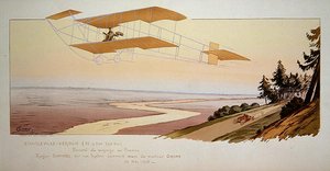Roger Sommer (1877-1965) fliegt eine Rekordstrecke in seinem Sommer-Doppeldecker von Charleville nach Verdun, Mai 1910, veröffentlicht von Mabileau, Paris