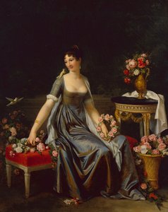Porträt einer Dame, umgeben von Blumen und Vögeln, ca. 1800 von Marguerite Gerard