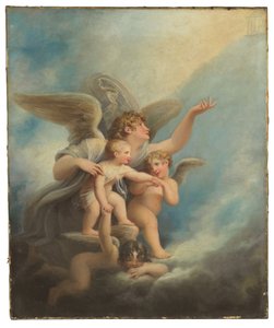 Ein Engel und Putti begleiten die Seele eines Kindes in den Himmel