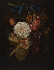 Blumen- und Früchtebouquet mit blauem Band von Maria van Oosterwijck
