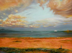 Meereslandschaft mit orangefarbenem Himmel