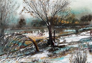 Verschneite winterliche Flusslandschaft