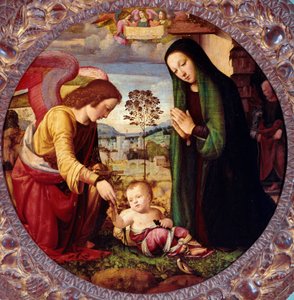 Heilige Familie mit einem Engel von Mariotto Albertinelli