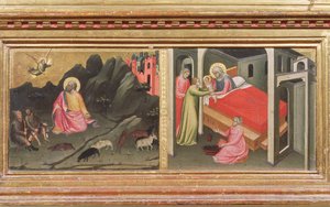 Madonna mit Kind und Heiligen, Detail der Predella, die die Verkündigung an Joachim und die Geburt der Jungfrau darstellt (Detail) von Mariotto di Nardo