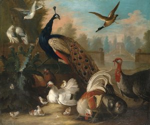Ein Pfau und andere Vögel in einer ornamentalen Landschaft