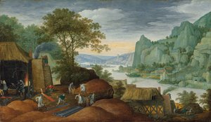 Eine felsige Landschaft mit Figuren bei einer Eisenhütte, einem Fluss und Häusern am Ufer dahinter