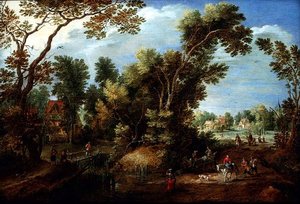 Bewaldete Flusslandschaft mit Figuren